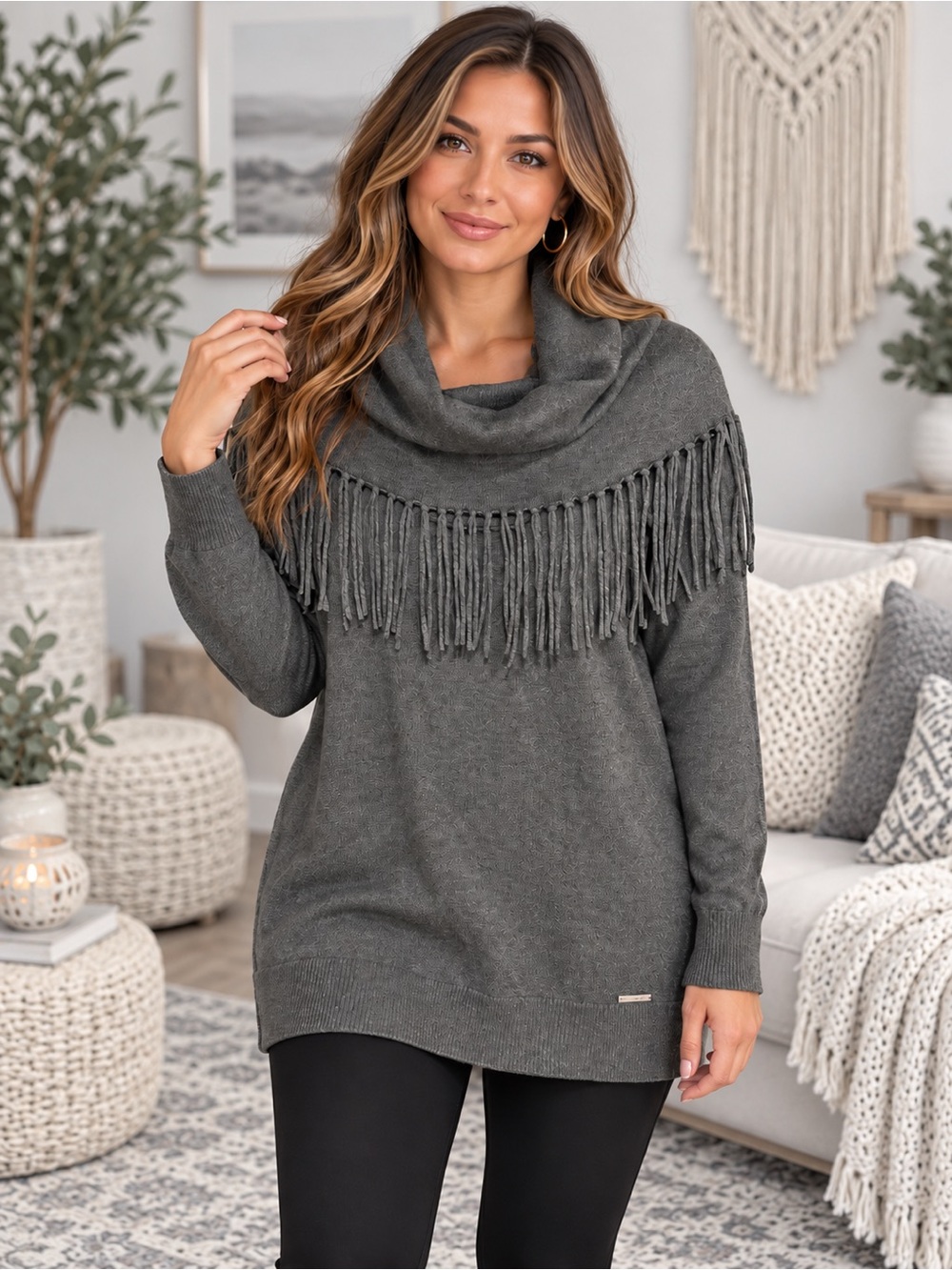 Michael Kors Charcoal Fringe Cowl Sweater Size Large